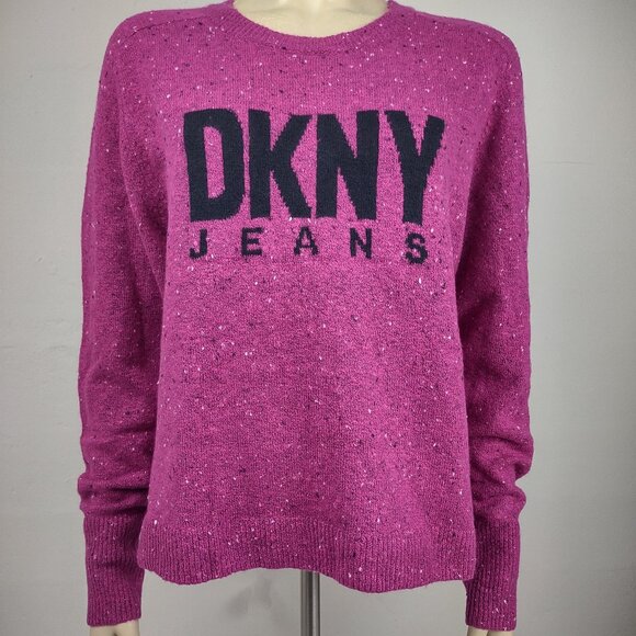 NWT DKNY Jeans fuchsia black speckled cotton blend pullover sweater ladies Large - Picture 1 of 9